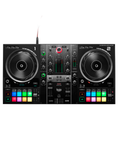 Hercules DJ Control Inpulse 500 – vista dall’alto del controller DJ a 2 canali con jog wheel, mixer centrale e interfaccia audio integrata

